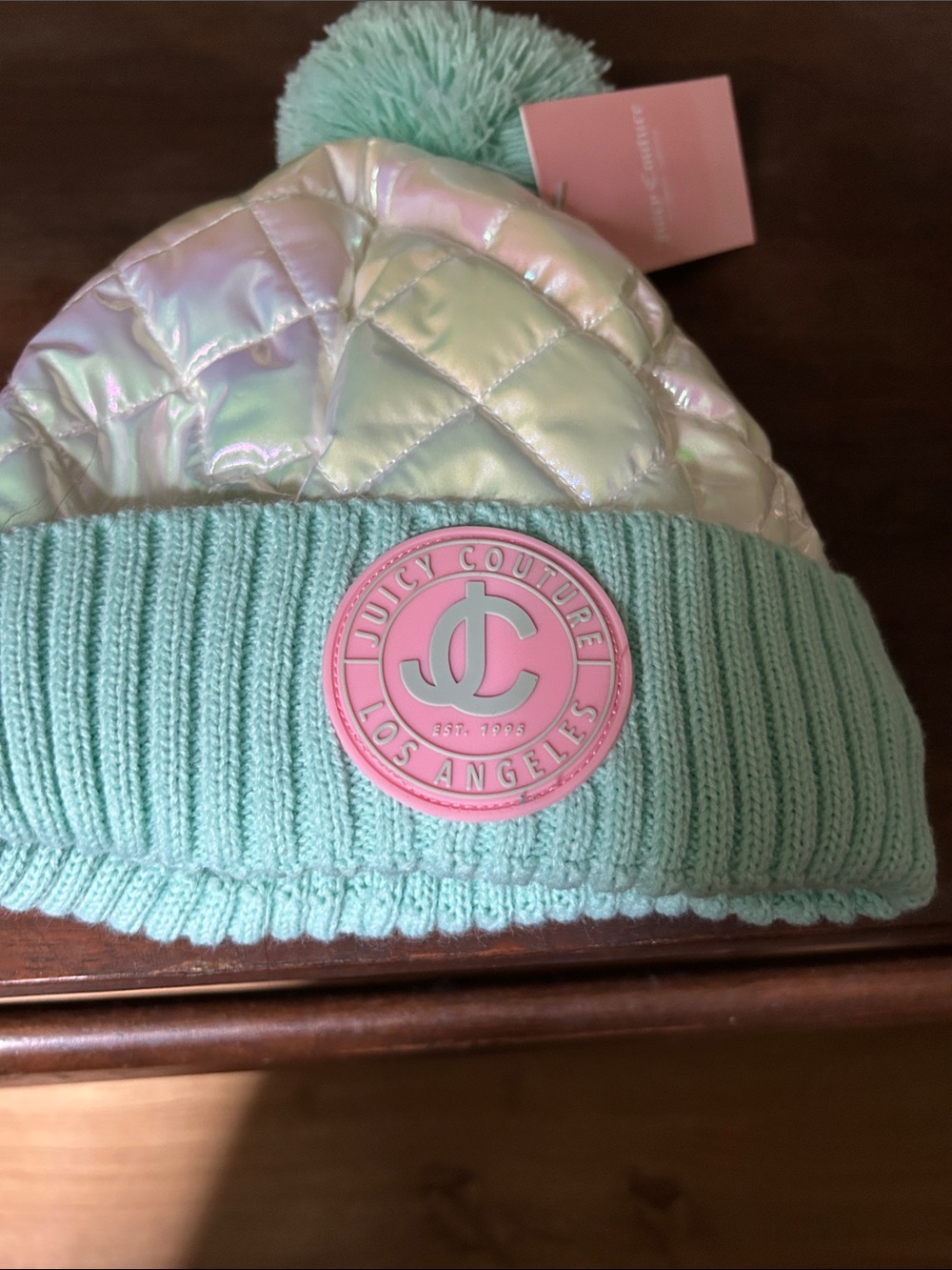 Juicy Couture Iridescent Quilted Pom Beanie in iridescent white and mint green